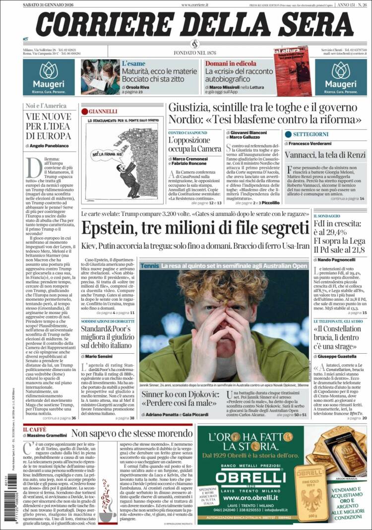 Portada de Corriere della Sera (Italia)