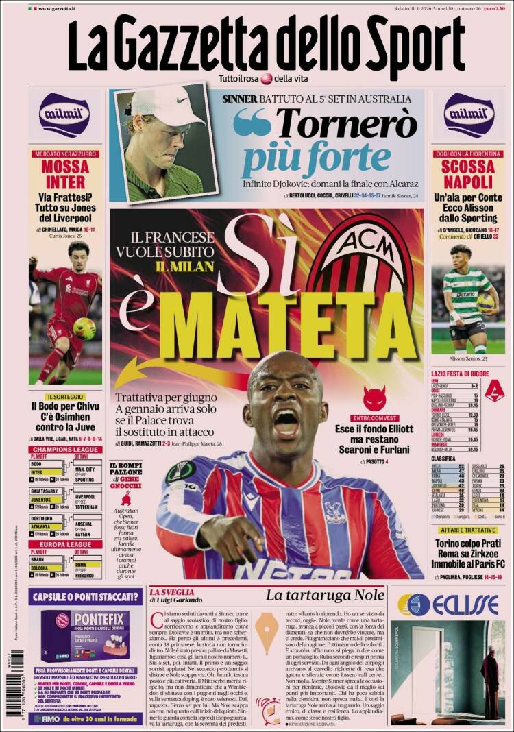 Portada de La Gazzetta dello Sport (Italia)