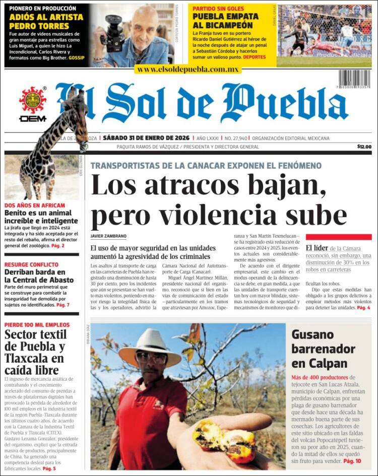 Portada de El Sol de Puebla (M&eacute;xico)