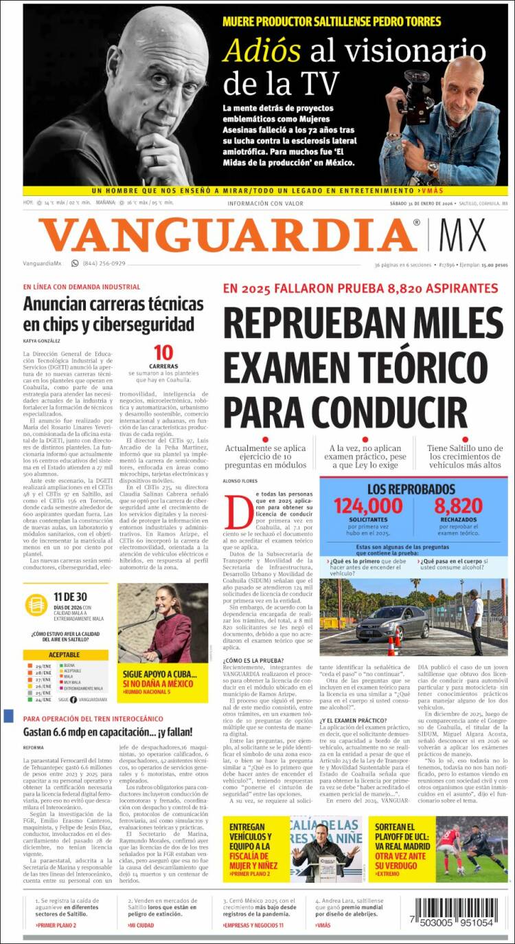 Portada de Vanguardia (M&eacute;xico)