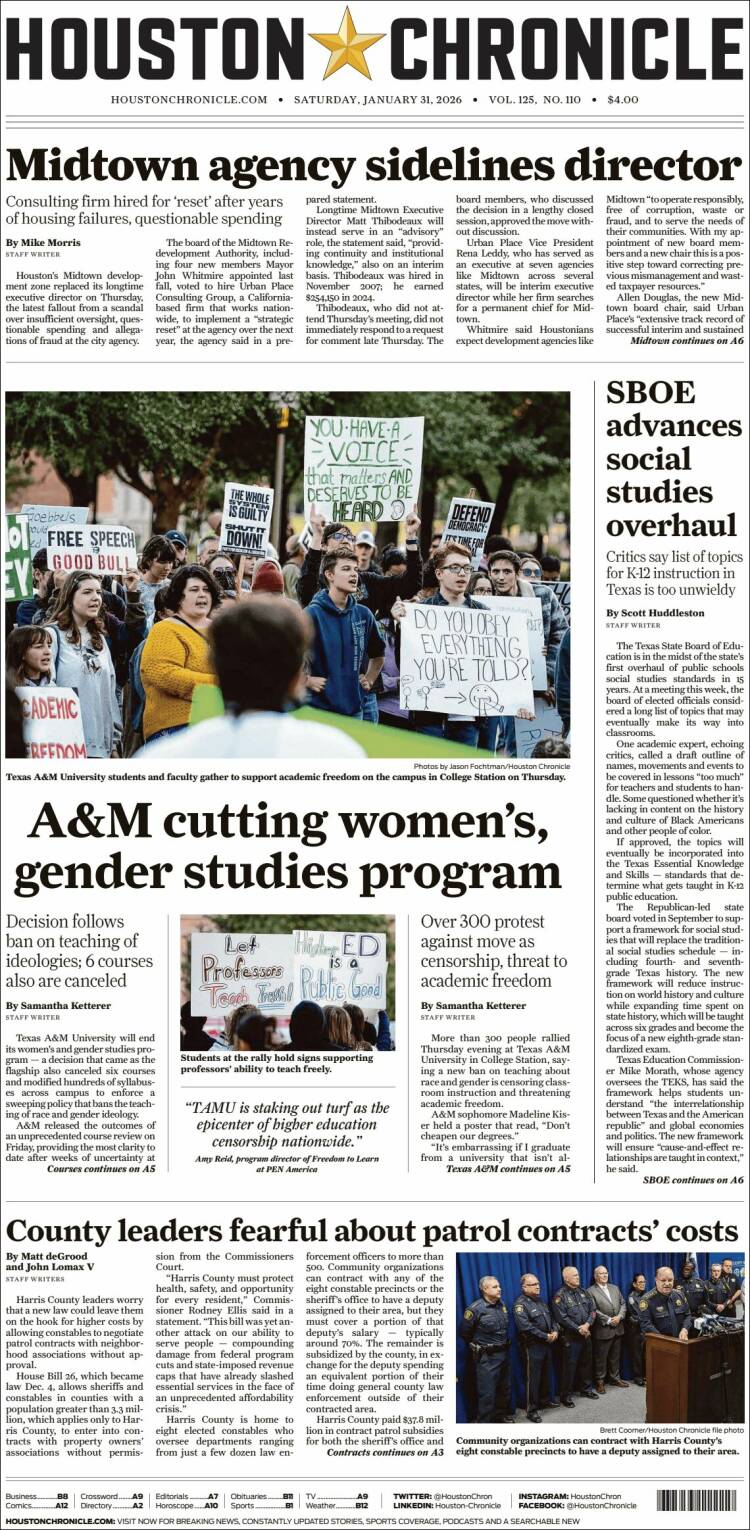Portada de Houston Chronicle (USA)