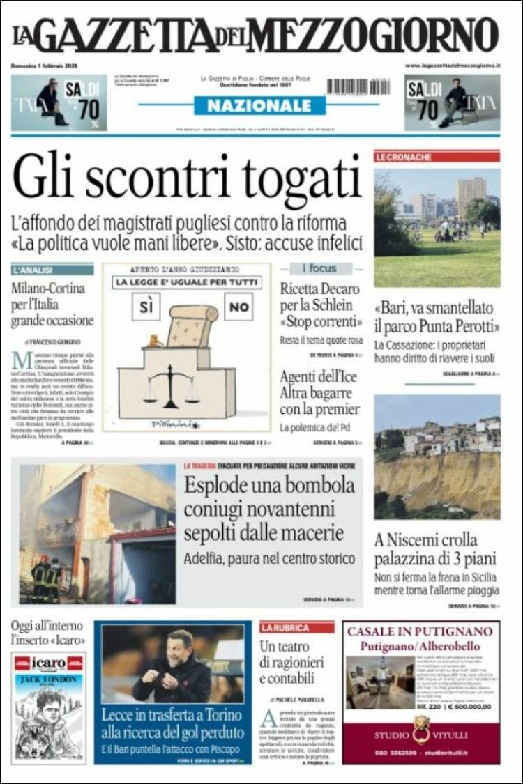 Portada de La Gazzetta del Mezzogiorno (Italia)