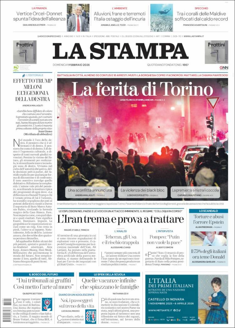 Portada de La Stampa (Italia)