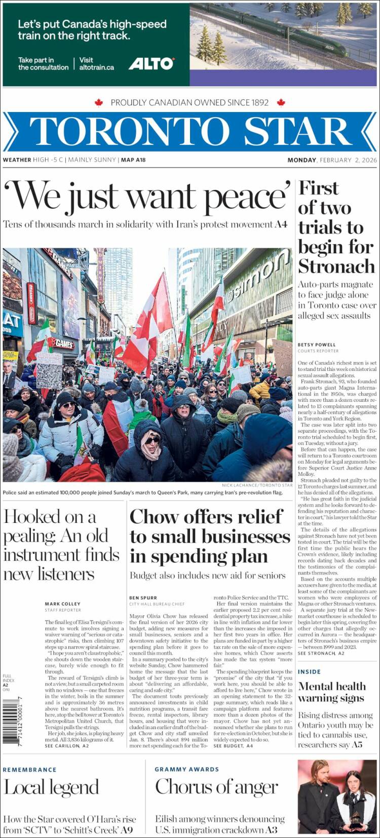 Portada de The Toronto Star (Canad&aacute;)