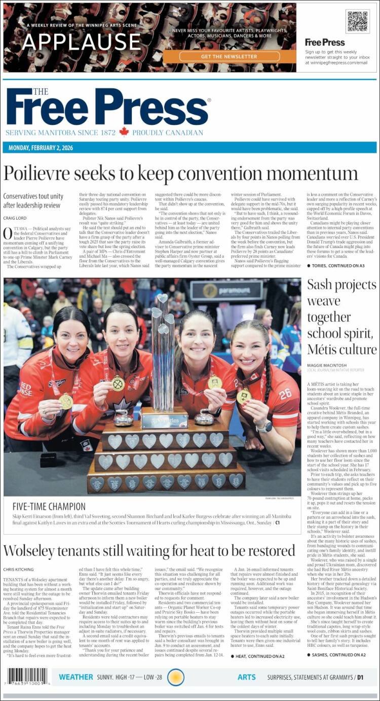Portada de Winnipeg Free Press (Canad&aacute;)