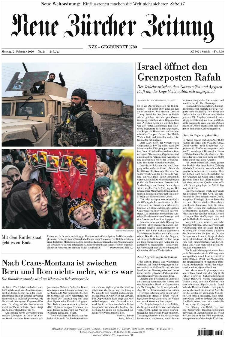 Portada de Neue Zürcher Zeitung (Suiza)