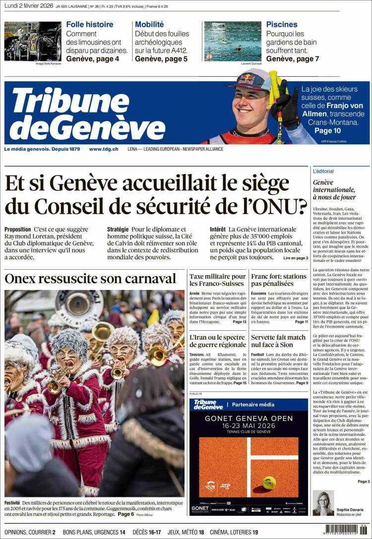 Portada de La Tribune de Genève (Suiza)