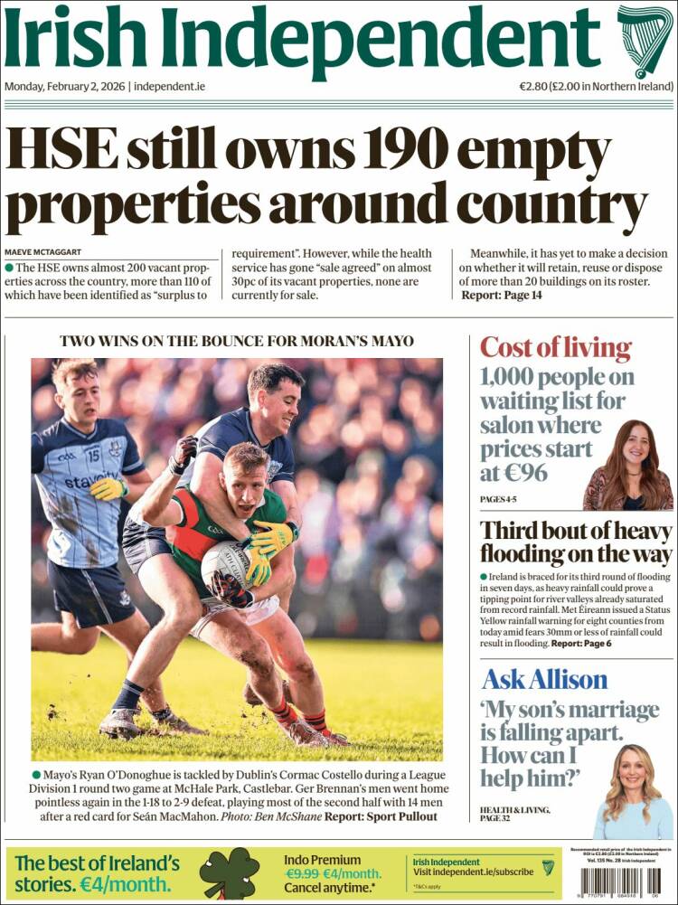 Portada de Irish Independent (Irlanda)