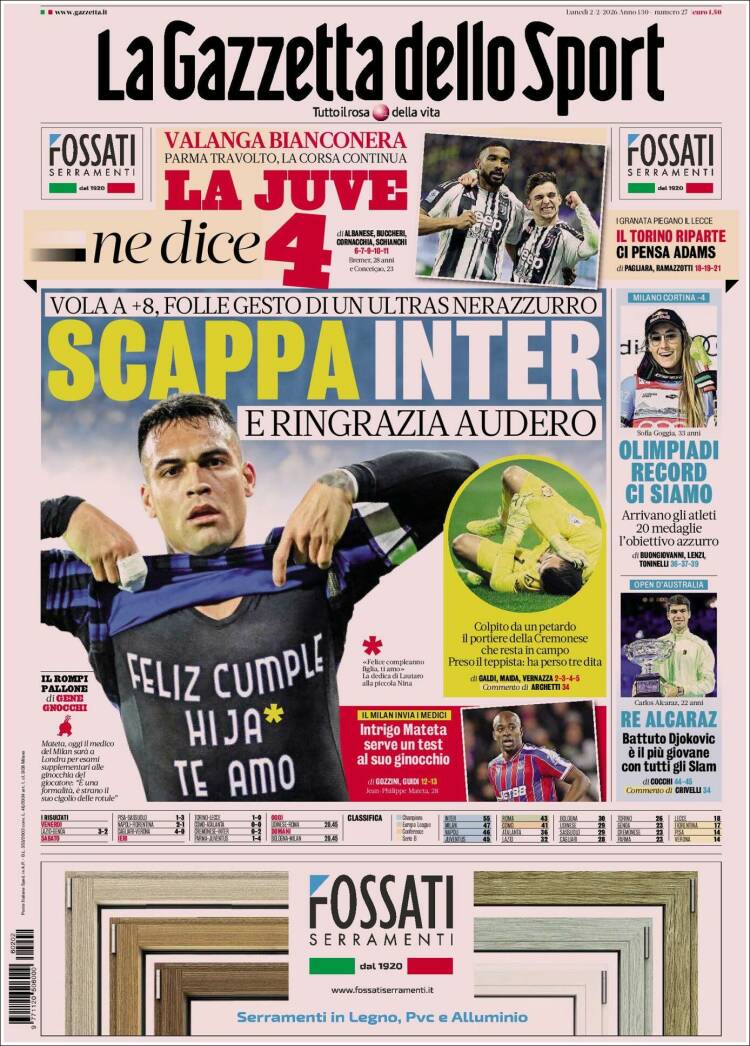 Portada de La Gazzetta dello Sport (Italia)
