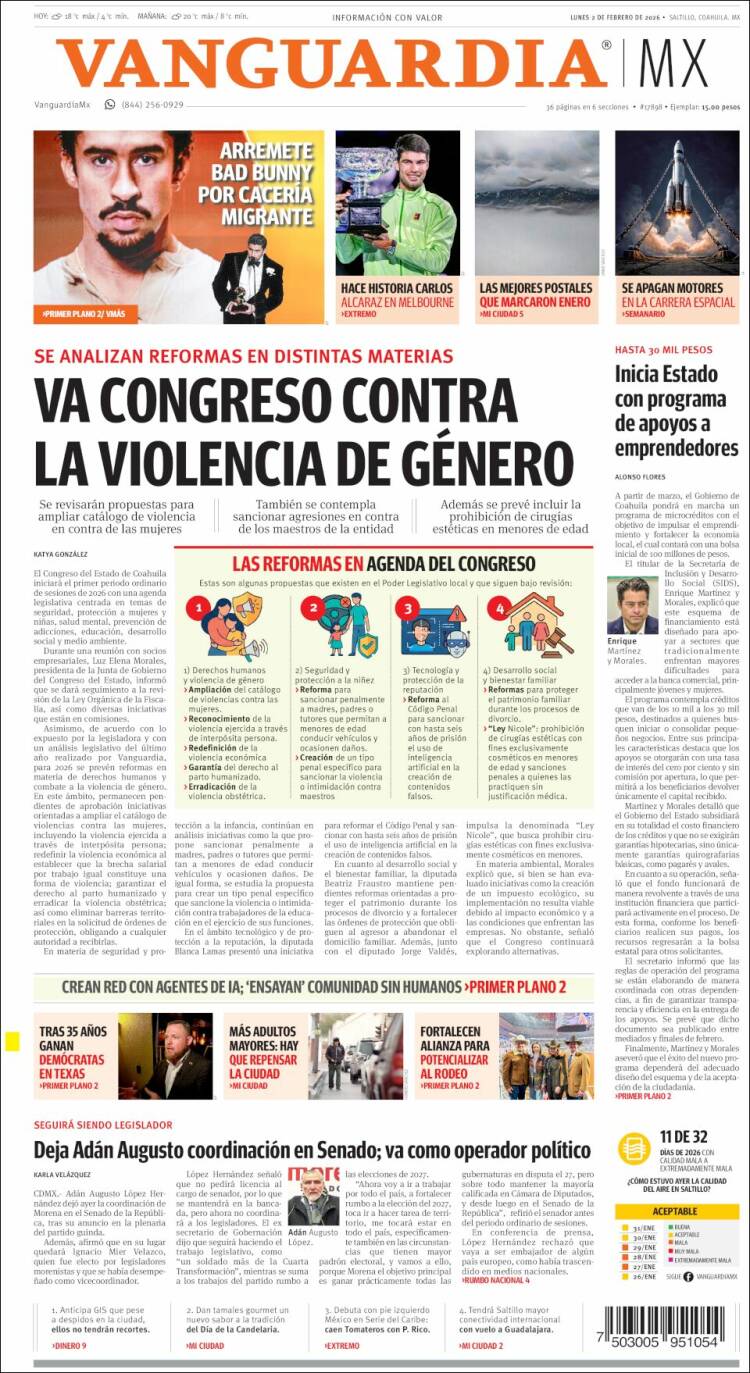 Portada de Vanguardia (M&eacute;xico)