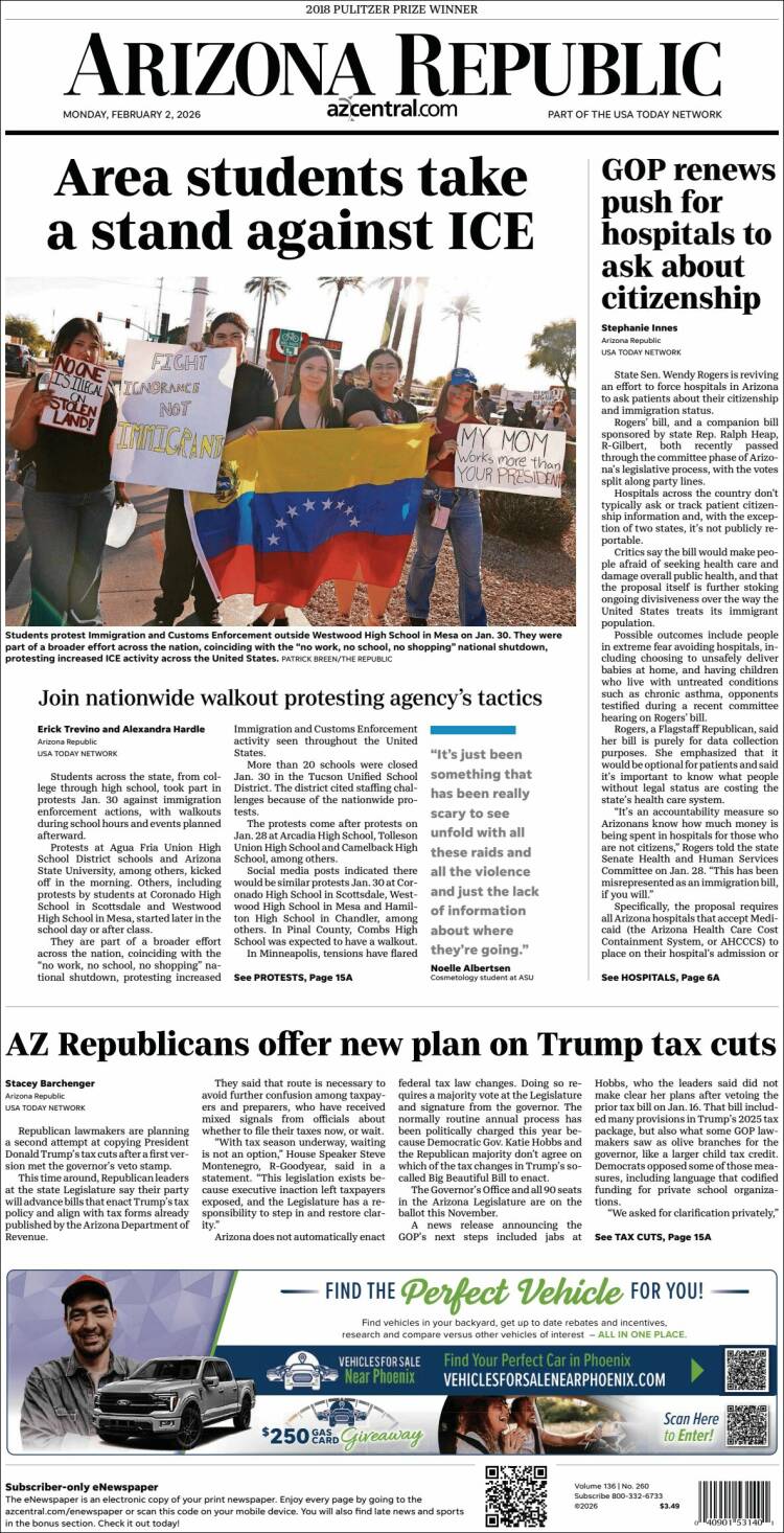 Portada de Arizona Republic News (USA)