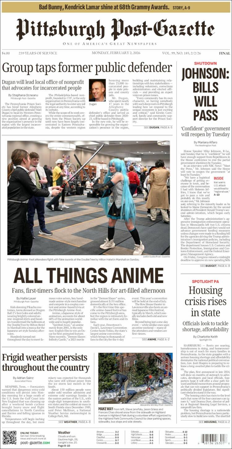 Portada de Pittsburgh Post-Gazette (USA)