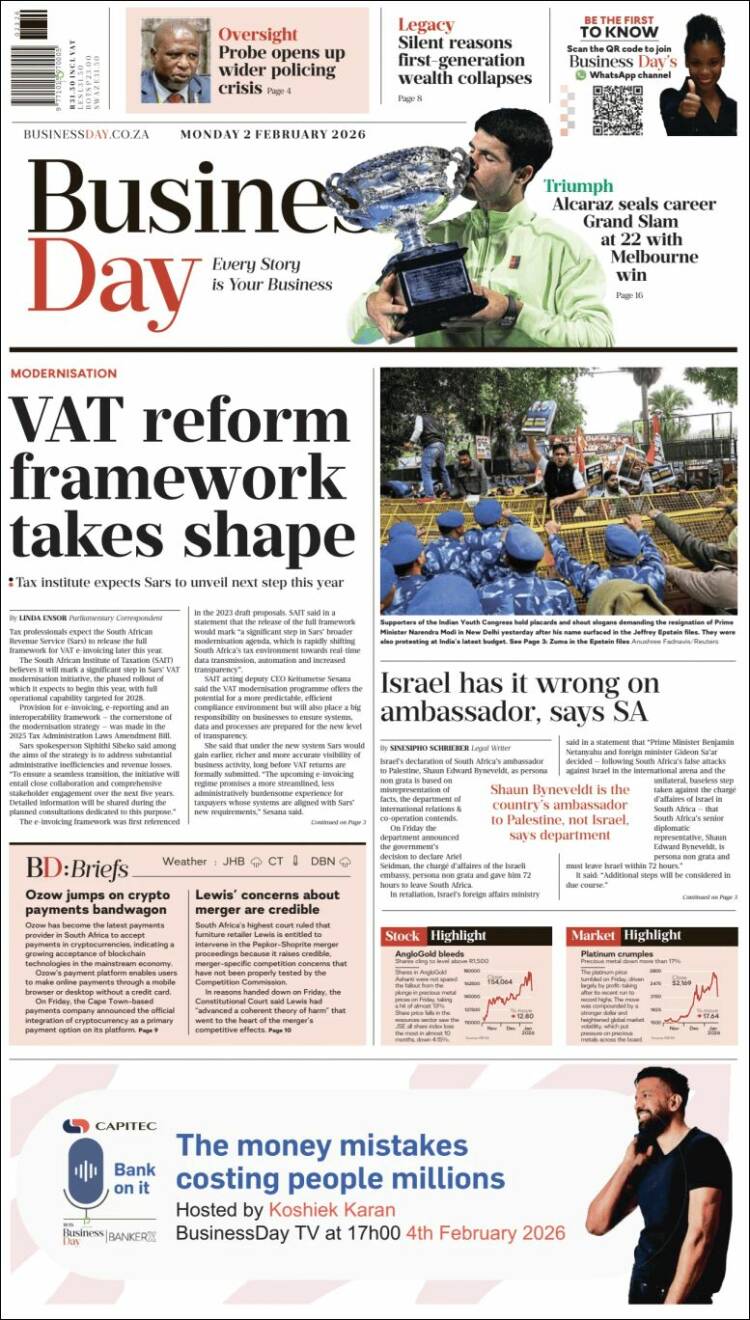 Portada de Business Day (Sud&aacute;frica)