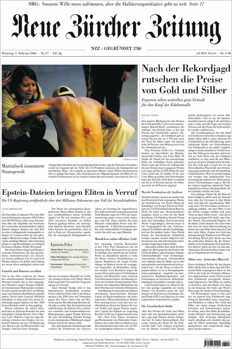 Portada de Neue Zürcher Zeitung (Suiza)