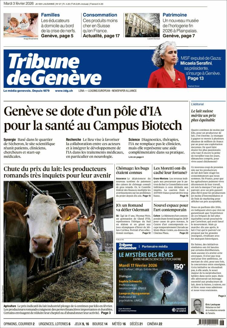 Portada de La Tribune de Genève (Suiza)