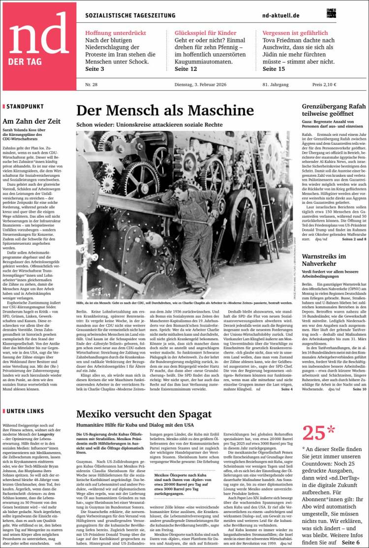 Portada de Neues Deutschland (Alemania)