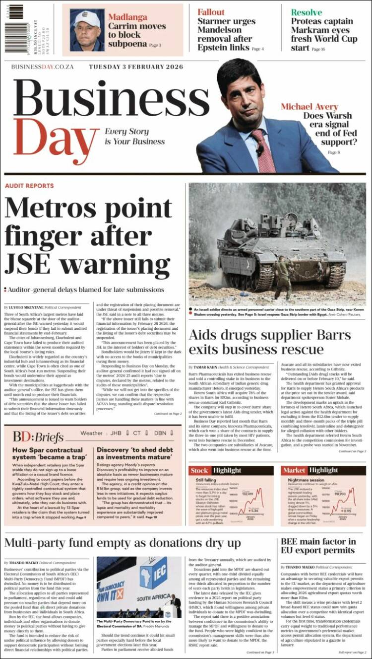 Portada de Business Day (Sud&aacute;frica)