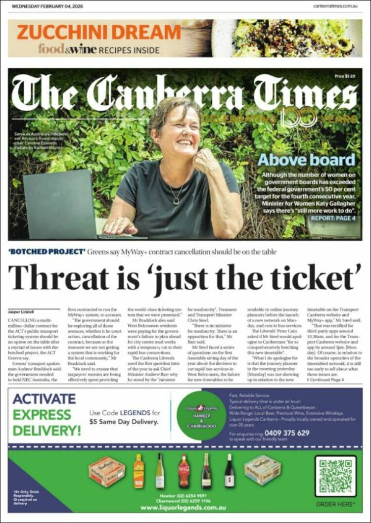 Portada de The Canberra Times (Australia)