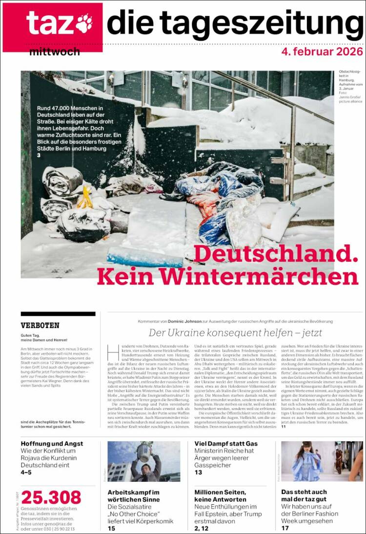 Portada de Die Tageszeitung (Alemania)