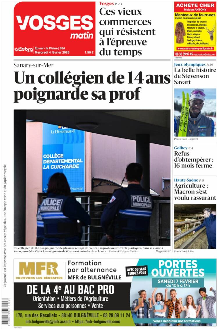 Portada de Vosges Matin (Francia)