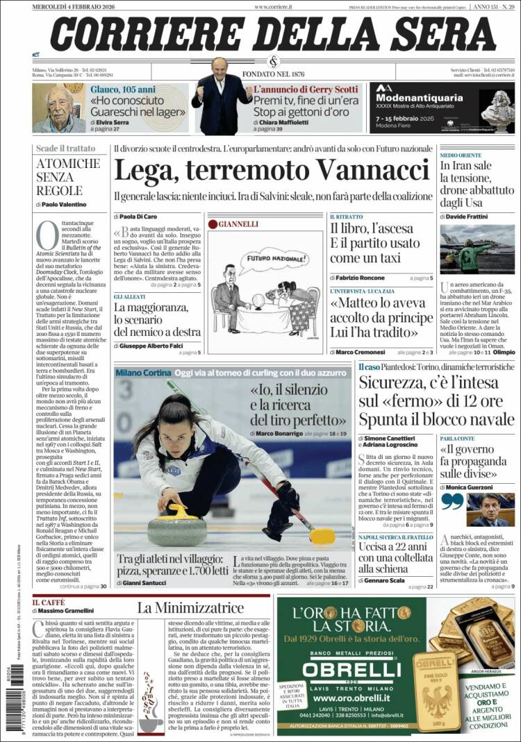 Portada de Corriere della Sera (Italia)