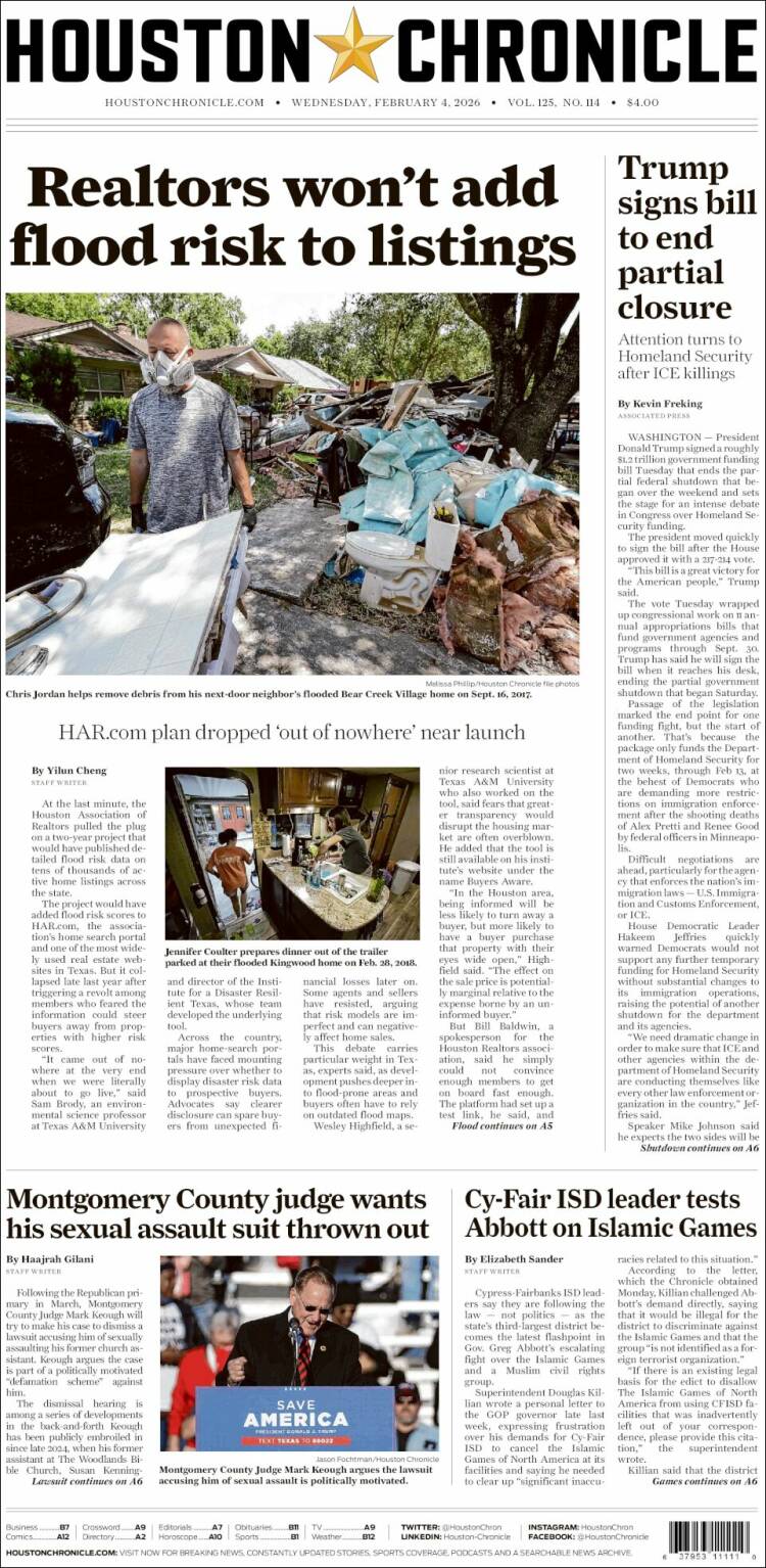 Portada de Houston Chronicle (USA)
