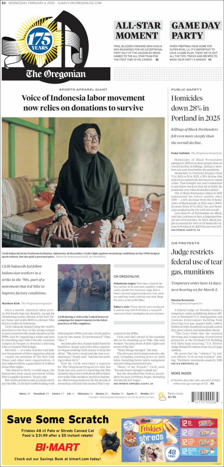 Portada de The Oregonian (USA)