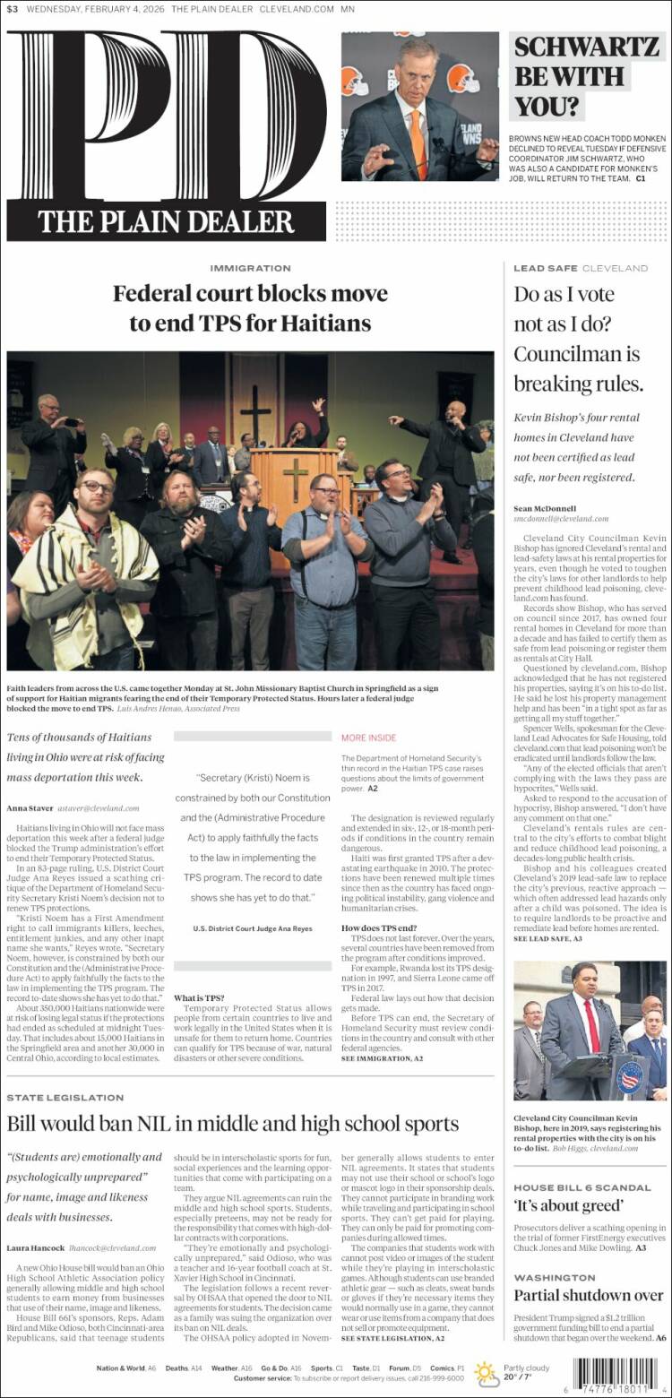 Portada de The Plain Dealer (USA)