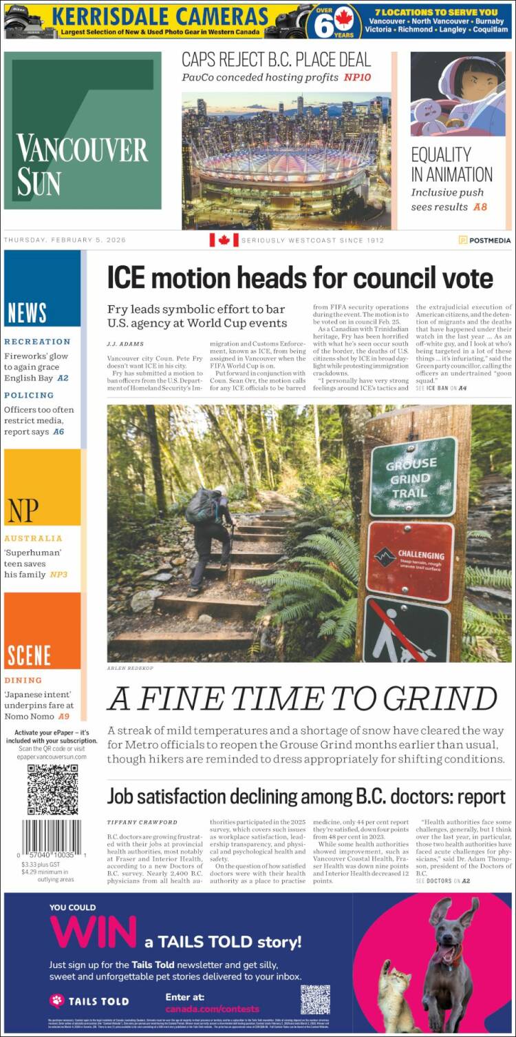 Portada de The Vancouver Sun (Canad&aacute;)