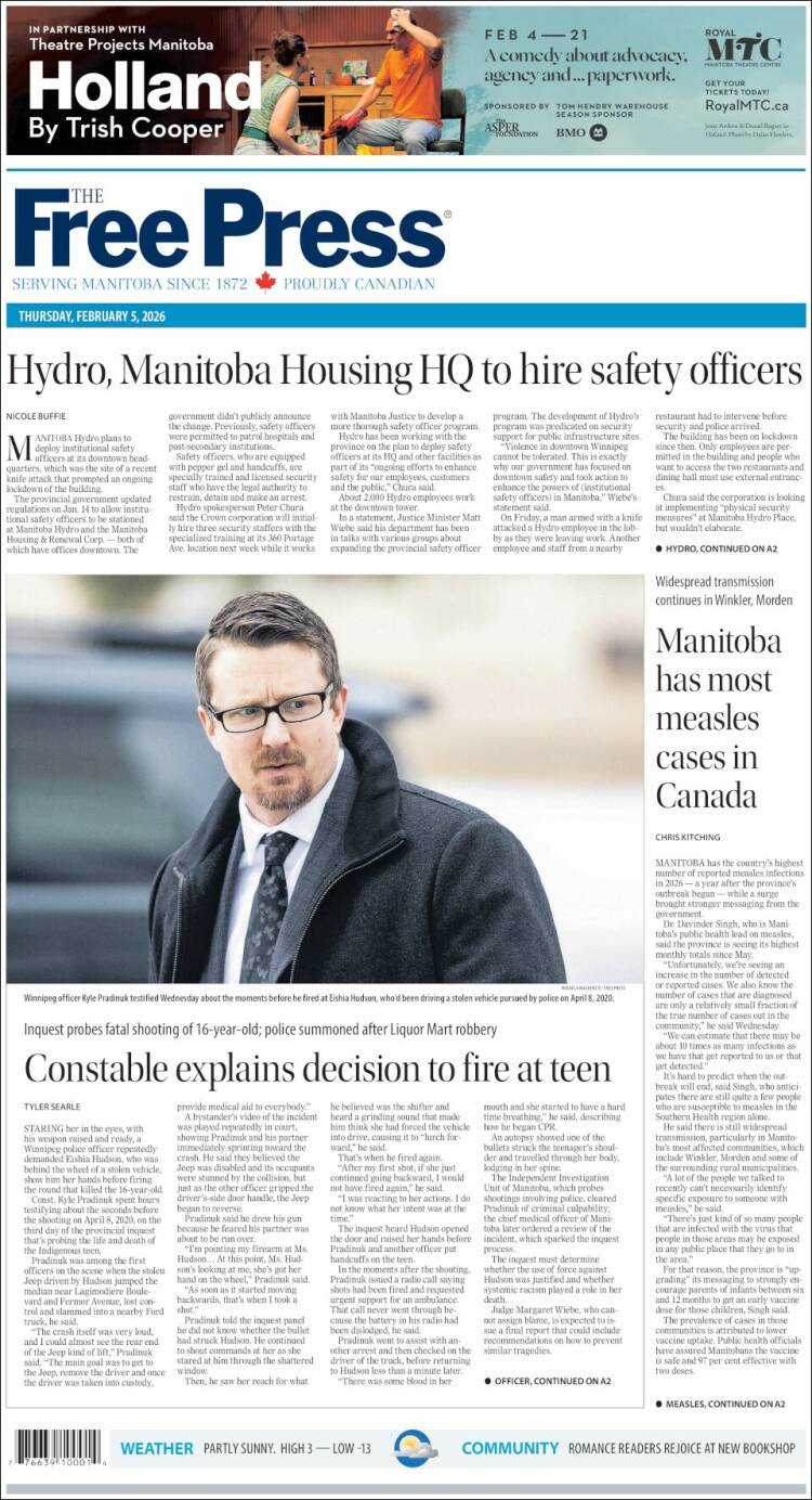 Portada de Winnipeg Free Press (Canad&aacute;)