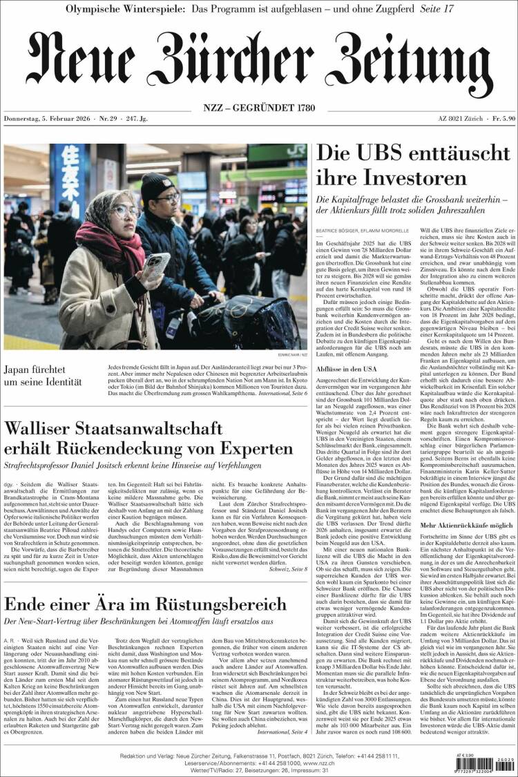 Portada de Neue Zürcher Zeitung (Suiza)
