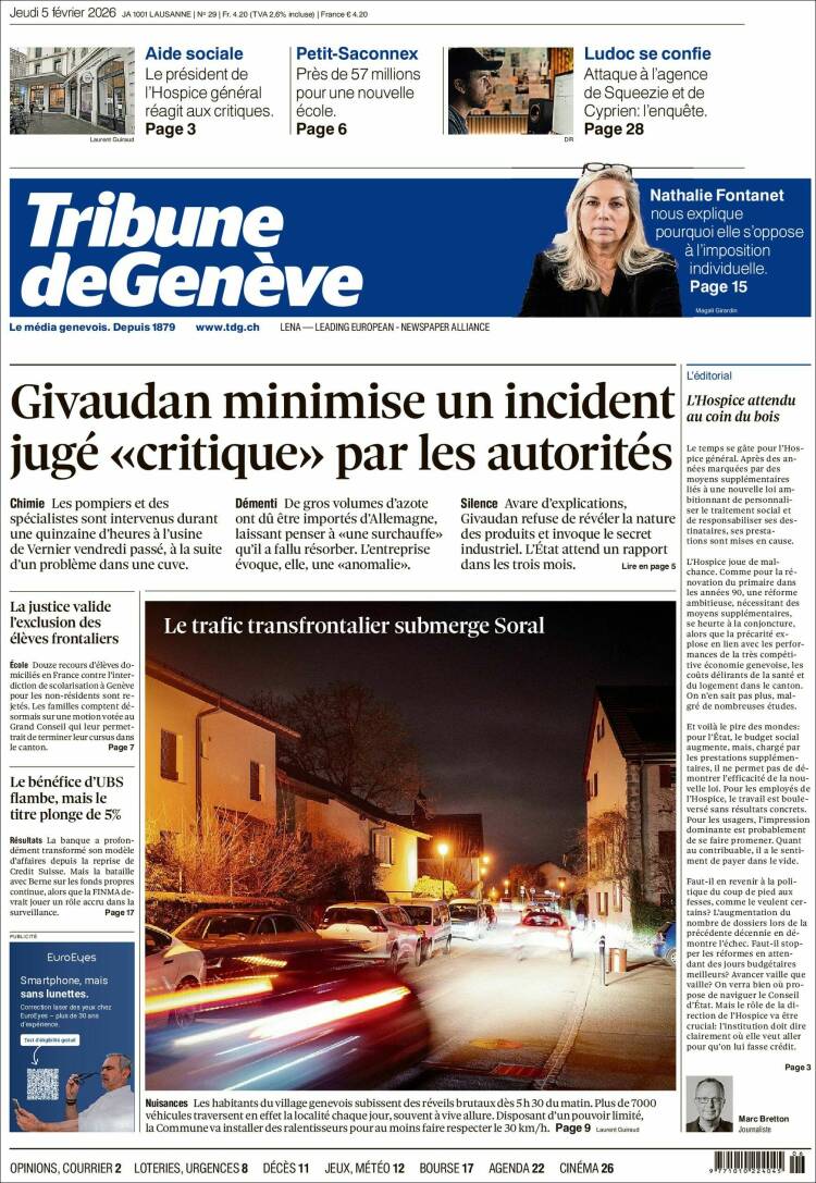Portada de La Tribune de Genève (Suiza)
