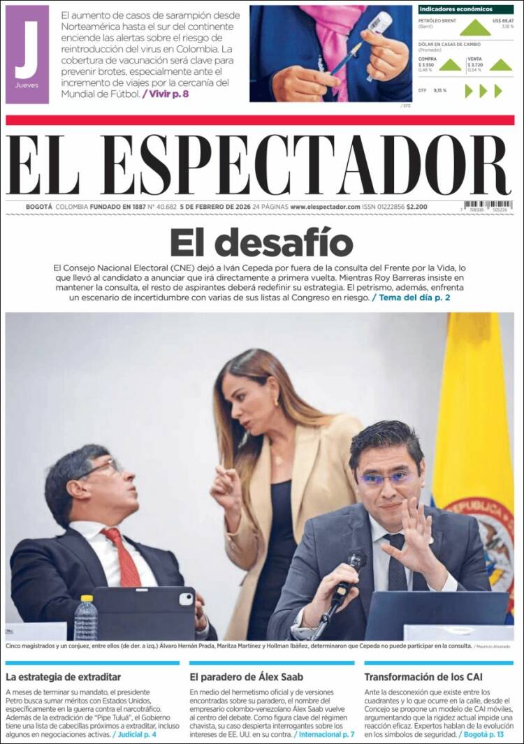 Portada de El Espectador (Colombia)