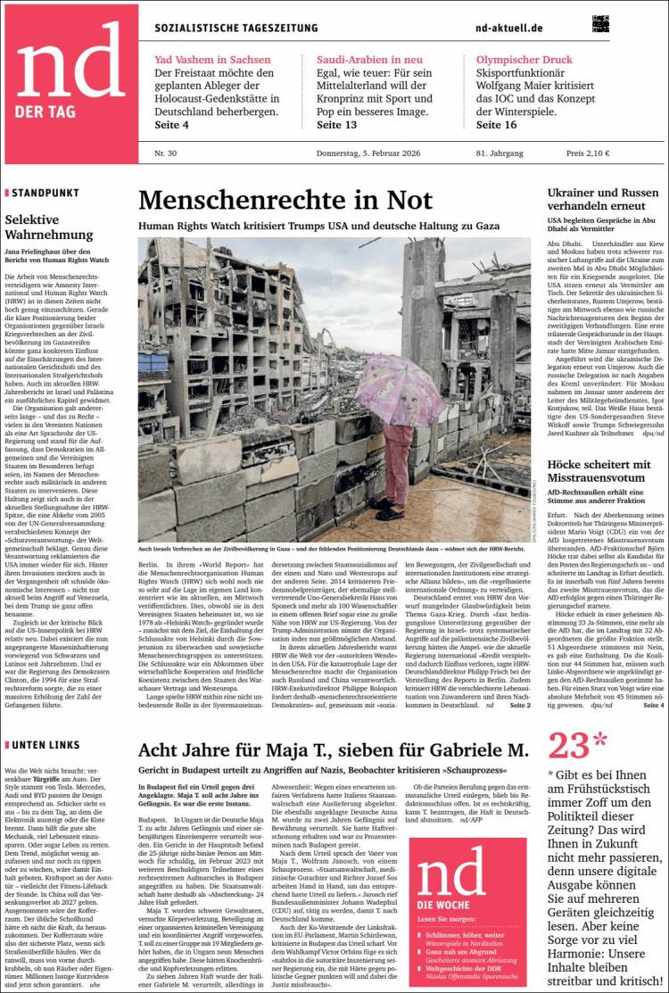 Portada de Neues Deutschland (Alemania)