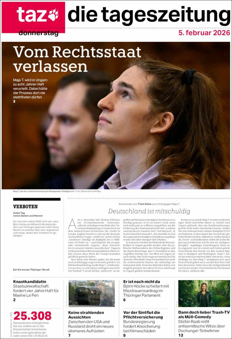 Portada de Die Tageszeitung (Alemania)