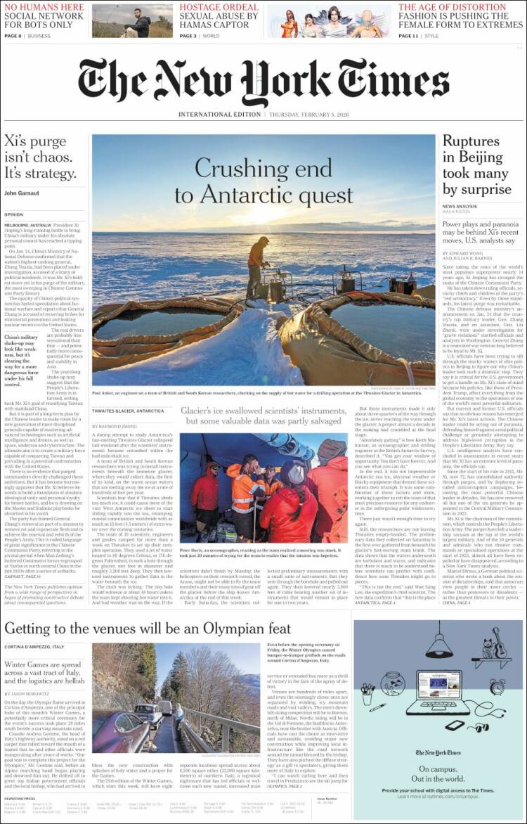 Portada de International New York Times (Europa)