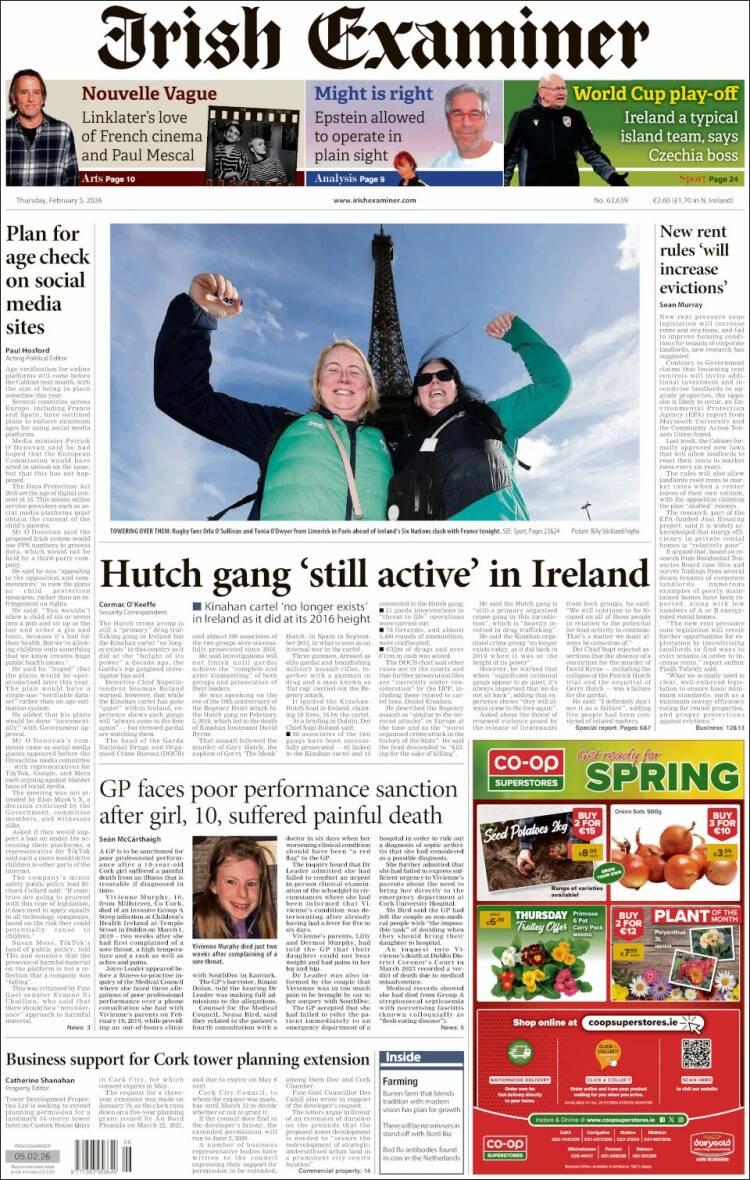 Portada de Irish Examiner (Irlanda)