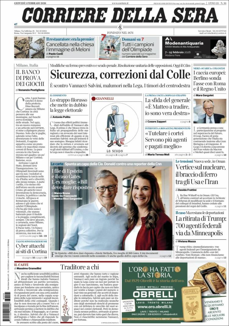 Portada de Corriere della Sera (Italia)
