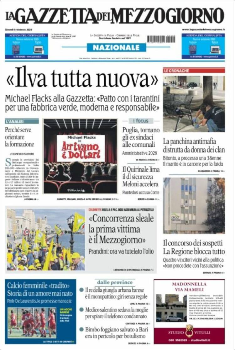 Portada de La Gazzetta del Mezzogiorno (Italia)