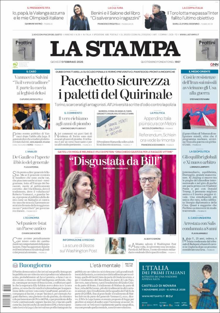 Portada de La Stampa (Italia)