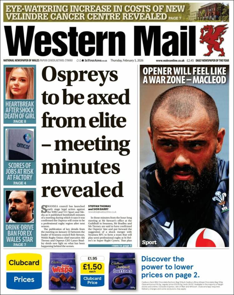 Portada de Western Mail (Reino Unido)