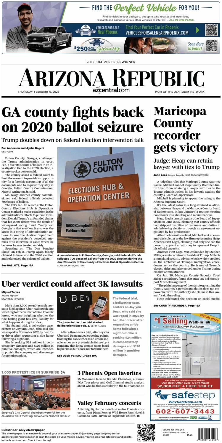 Portada de Arizona Republic News (USA)