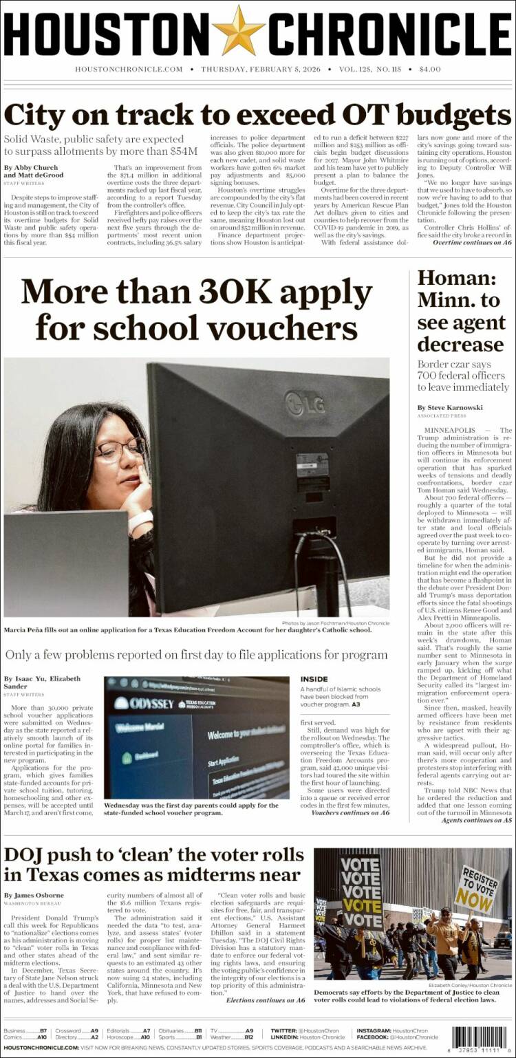 Portada de Houston Chronicle (USA)