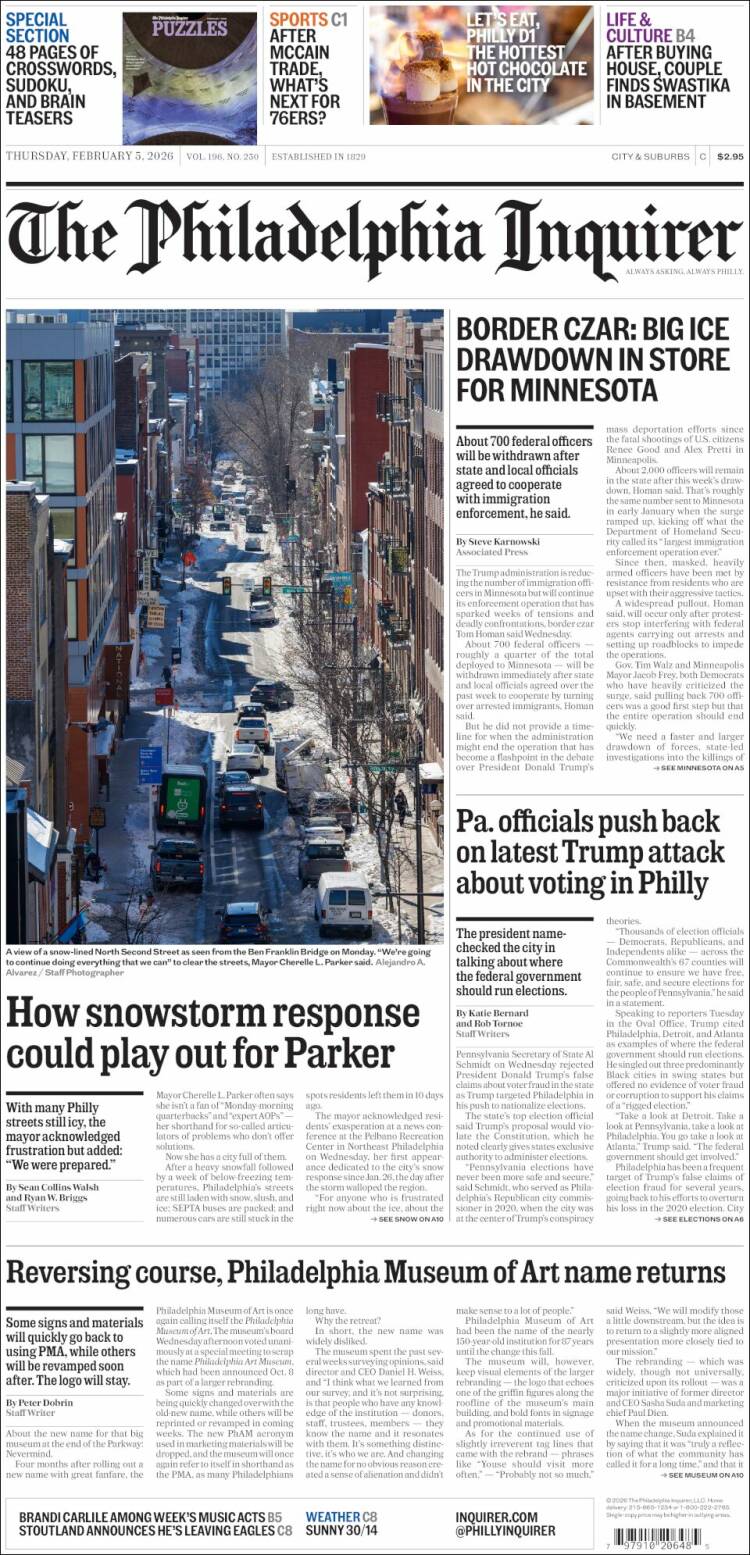 Portada de Philadelphia Inquirer (USA)