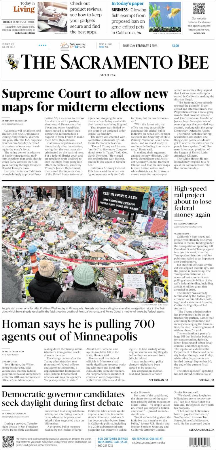Portada de The Sacramento Bee (USA)