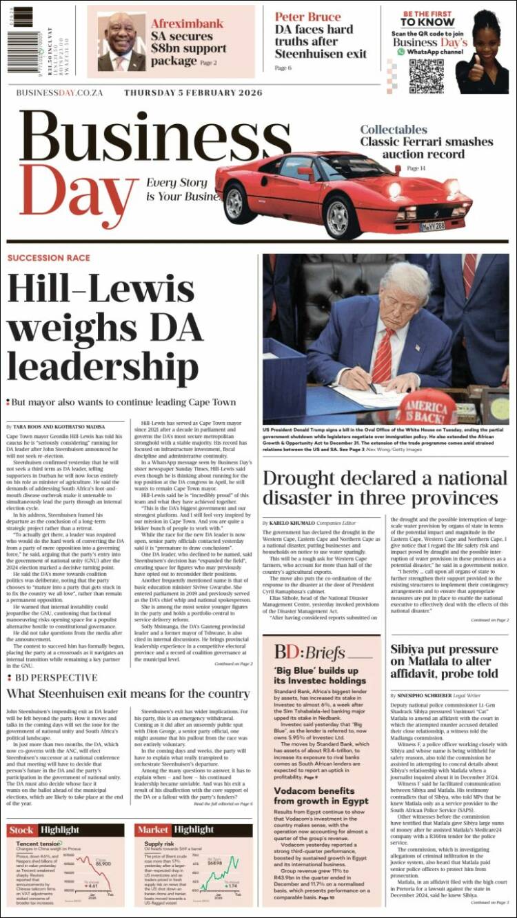 Portada de Business Day (Sud&aacute;frica)