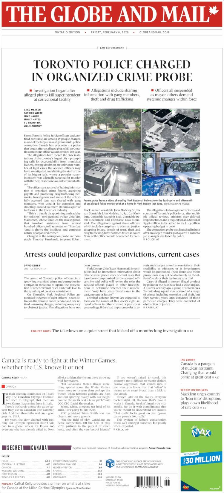 Portada de The Globe and Mail (Canad&aacute;)