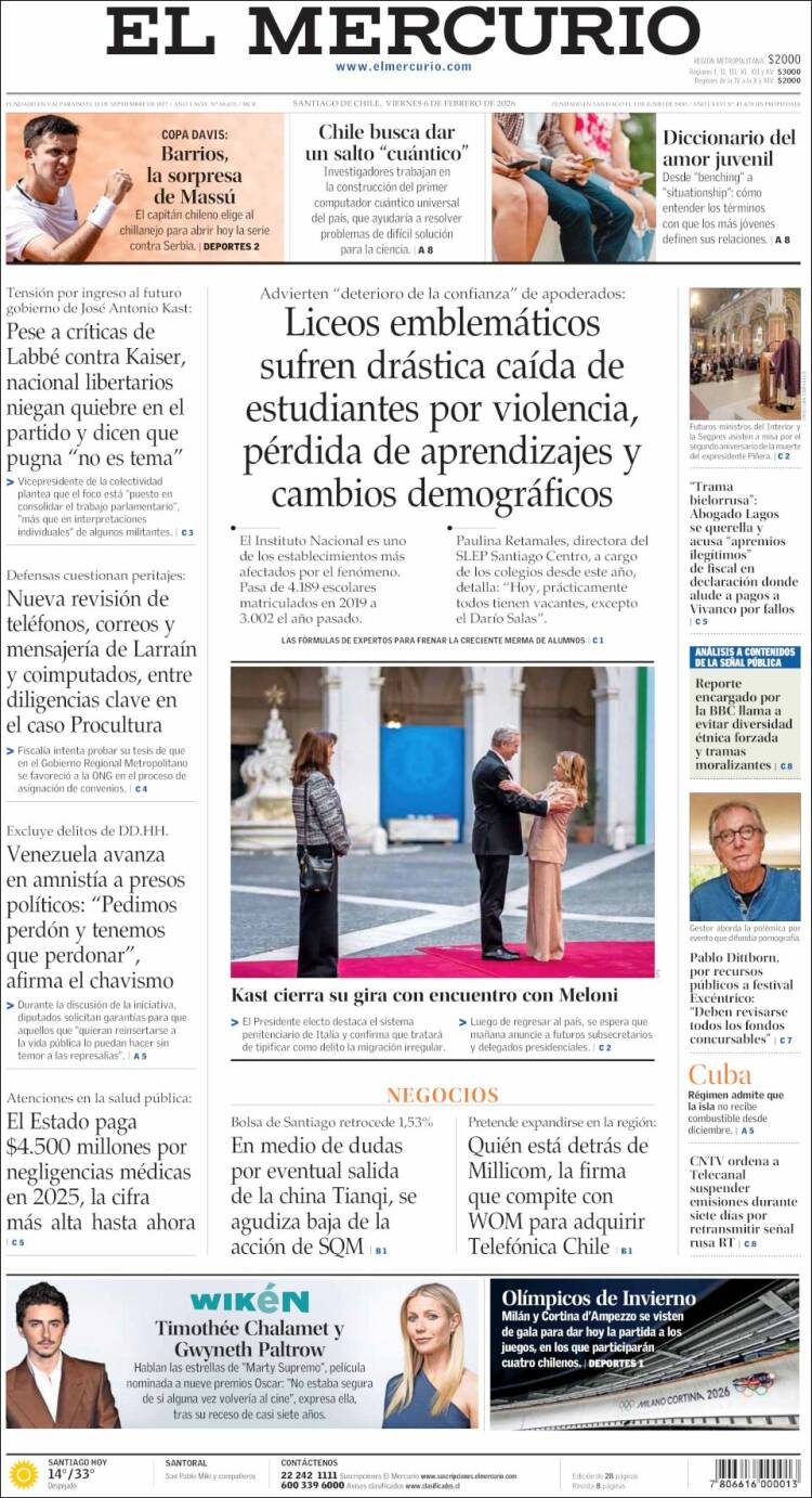 Portada de El Mercurio (Chile)