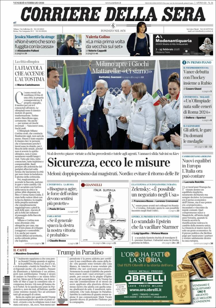 Portada de Corriere della Sera (Italia)