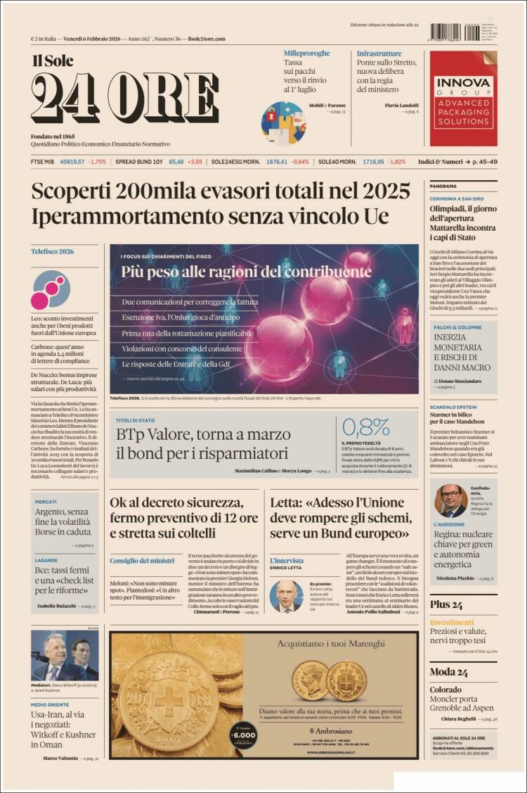 Portada de Il Sole 24 ORE (Italia)